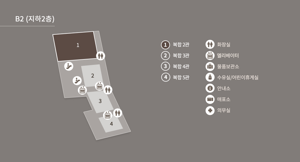 B2(지하2층) 1.복합 2관(행사위치), 2.복합 3관, 3.복합 4관, 4.복합 5관, 화장실, 엘리베이터, 물품보관소, 수유실/어린이휴게실, 안내소, 매표소, 의무실