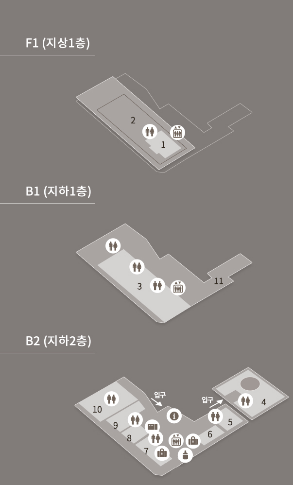 F1(지상 1층), B1(지하 1층), B2(지하 2층) 의 어린이문화원 위치 도면