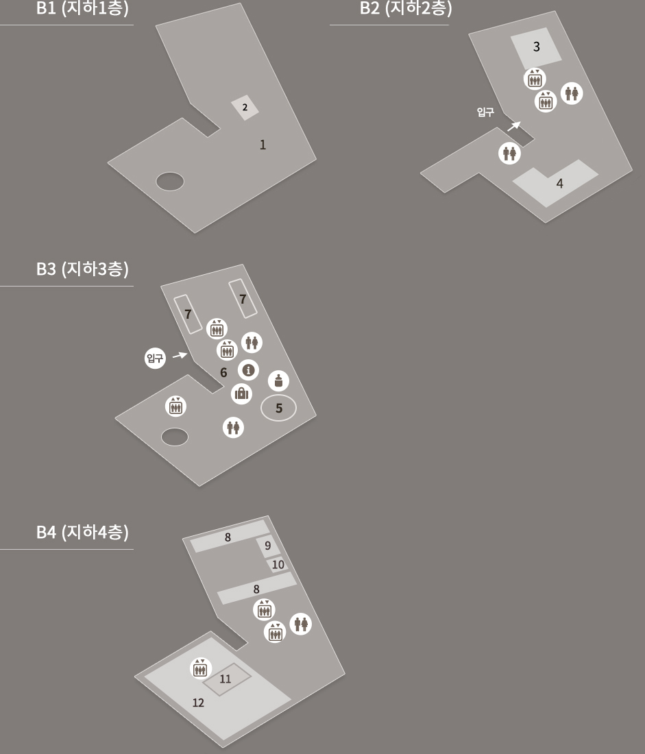 B1(지하 1층), B2(지하 2층), B3(지하 3층), B4(지하 4층) 의 문화정보원 위치 도면