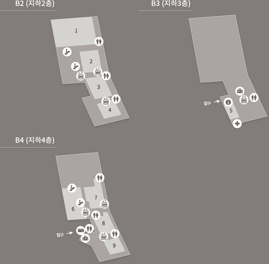 B2(지하 2층), B3(지하 3층), B4(지하 4층) 의 문화창조원 위치 도면